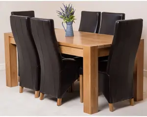 Kuba 180 x 90 cm Chunky Oak Dining Table and 6 Chairs Dining Set with Lola Brown Leather Chairs