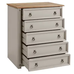 Mercers Furniture Corona Grey Wax Small 5 Drawer Chest of Drawers Solid Pine with Mexican Styling