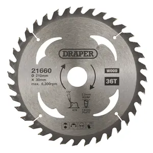 Draper  TCT Circular Saw Blade for Wood, 210 x 30mm, 36T  21660