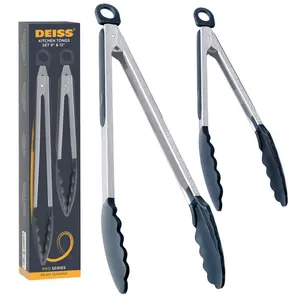 Deiss Pro 2-Piece Cooking Tongs With Silicone Tips - Kitchen Tongs Set - Pull Lock, 9'' And 12'' (Set of 2)