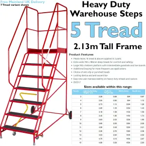 5 Tread HEAVY DUTY Mobile Warehouse Stairs Anti Slip Steps 2.13m Safety Ladder