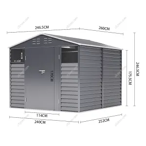 246.5cm W Charcoal Steel Outdoor Garden Tool Storage Shed with Windows, Vents, and Built-in Shelves, Black