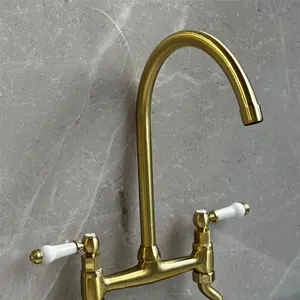 Liquida W23BG Traditional Two Hole Bridge Lever Brushed Gold Kitchen Mixer Tap