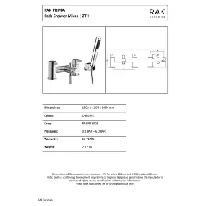 RAK Prima Polished Chrome Modern Bath Shower Mixer Tap Solid Brass