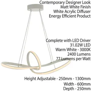 LED Ceiling Pendant Light 31W Warm White Matt White Infinity Loop Feature Lamp