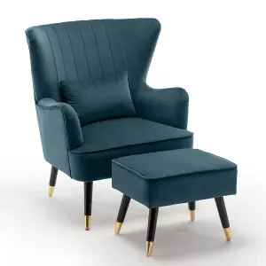 Velvet Teal Camila Accent Wingback Chair with Footstool