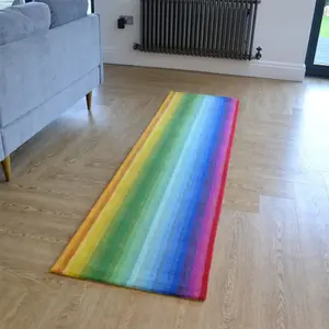 Rainbow Stripe Colour Block Wool Runner Rug in Multi - 67x300cm