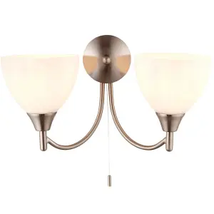 Dimmable LED Twin Wall Light Satin Chrome & Frosted Glass Curved Lamp Lighting