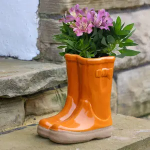 Small Orange Double Wellington Boots Ceramic Indoor Outdoor Flower Pot Garden Planter Pot