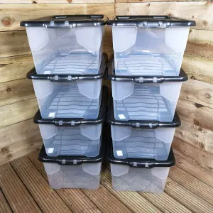 8 x 42L Clear Storage Box with Black Lid, Stackable and Nestable Design Storage Solution