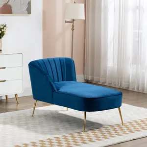 Vieste 130cm Wide Blue Velvet Fabric Shell Back Chaise Lounge Sofa with Golden Coloured Legs