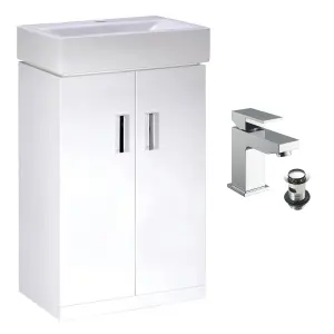 450mm Gloss White 2 Door Floorstanding Vanity Basin Sink Unit & Chrome Form Tap & Waste