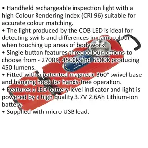 360 degree Swivel Inspection Light - 24 SMD & 3W SMD LED - Rechargeable - CRI 96 - Red