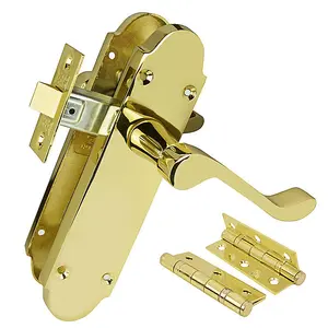 Z75 Shaped Scroll Door Handle Pack, Brass, 63mm Latch, 3 inch Hinges - Handlestore