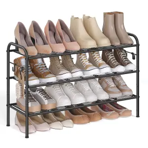 SONGMICS Shoe Rack, 3-Tier Shoe Organizer, Metal Shoe Shelf Storage with 4 Side Hooks, Holds 15 Pairs of Shoes