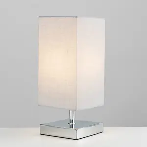 Square Polished Chrome Touch Table Lamp with a Grey Shade