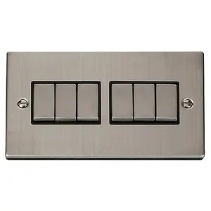 Stainless Steel 10A 6 Gang 2 Way Ingot Light Switch - Black Trim - SE Home