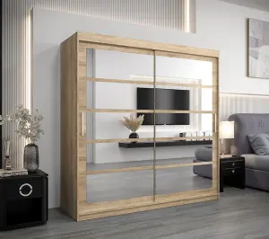 Timeless Oak Sonoma Sliding Door Wardrobe H2000mm W2000mm D620mm with Mirrored Panels and Silver Handles