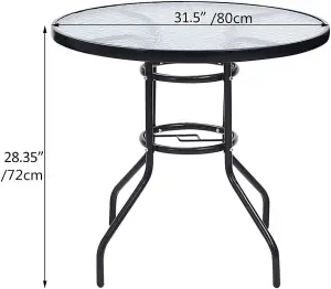 80cm Round Garden Dining Dining Coffee Table with Parasol Hole Tempered Glass Tabletop