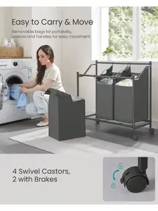 SONGMICS Rolling Laundry Sorter, Laundry Basket With 3 Removable Bags, Laundry Hamper, Laundry Trolley, For Laundry Room