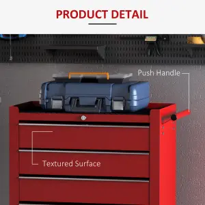 HOMCOM Tool Trolley with 5 Drawers Steel Tool Chest on Wheels with Handle Red