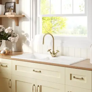 101cm Inset Counter Top 1.5 Bowl Fireclay Ceramic Kitchen Sink - White