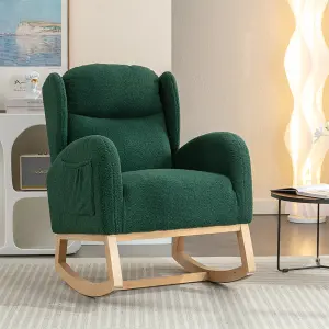 Modern Teddy Fabric Upholstered Rocking Chair Wingback Padded Seat For Living Room Bedroom, Green