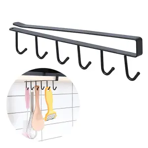 Black Metal 6 Hooks Rail Cup Hook Rack Hanging Holder Under Cabinet Closet