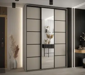 Dakota V Sleek Cashmere & Black Sliding Door Wardrobe 1800mm H2350mm D600mm with Mirrored Door, Two Hanging Rails, Ten Shelves