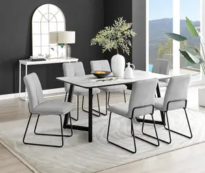 Furniturebox UK Carson White Marble Effect Dining Table & 6 Light Grey Halle Chairs