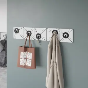 Decortie Modern Vizy Wall-Mounted Hanger White Engineered Wood w/5 Black Metal Hooks Storage Coat Rack 90(W)x1.8(D)x18(H)cm