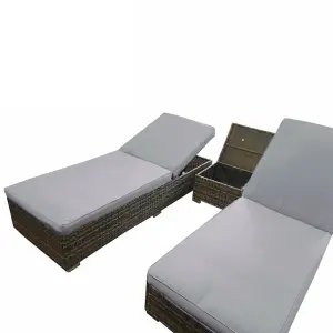 3 Pieces Rattan Sun Lounger Set, 2 Rattan Lounger with Cushion + Storage Rattan Table, Backrest Adjustable - Gray