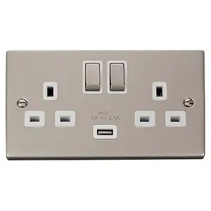 Pearl Nickel 2 Gang 13A DP Ingot 1 USB Twin Double Switched Plug Socket - White Trim - SE Home