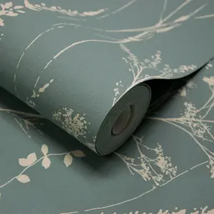 Grandeco Halm Grass & Flower Sprigs Blown Vinyl Wallpaper, Green