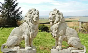 Pair of Giant Stone Cast Lion statues on Plinths 6 ft high, 1600 kg set