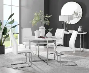 Adley White High Gloss and Chrome Round Dining Table with Storage Shelf and 4 White Lorenzo Chairs for Modern Sleek Dining Room