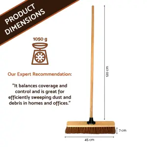 18-Inch Wide Coco Broom with Wooden Handle - Soft Bristle Indoor Sweeping Broom for Home, Kitchen, Hardwood Floors