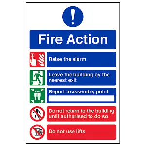 FIRE ACTION Safety Sign - 5 Point Message - Self-Adhesive Vinyl - 150 X 200mm