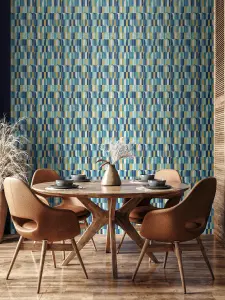 Hoopla Walls Building Blocks Indigo & Gold Smooth Matt Wallpaper