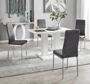 Furniturebox UK 4 Seater Dining Set - Imperia White High Gloss Dining Table and Chairs - 4 Grey Velvet Milan Chrome Leg Chairs