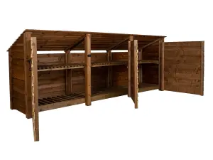 Wooden log store (roof sloping back) with door and kindling shelf W-335cm, H-126cm, D-88cm - brown finish