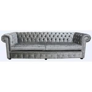 Chesterfield 4 Seater Sofa Settee Modena Silver Grey Velvet Fabric In Classic Style