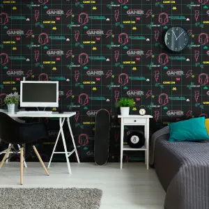 Holden Décor Black, Green & Magenta Gamer Children's Smooth Wallpaper