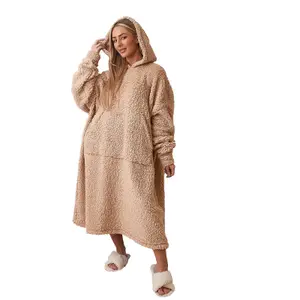 Brentfords Long Soft Teddy Fleece Oversized Hoodie Blanket Sweatshirt, Beige