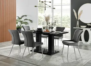 Imperia Black High Gloss 6 Seater Dining Table with Structural 2 Plinth Column Legs 6 Dark Grey Velvet Silver Leg Nora Chairs