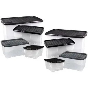 2 x Stackable & Strong Durable 24 Litre Curve Plastic Storage Boxes With Black Lids For Home & Office