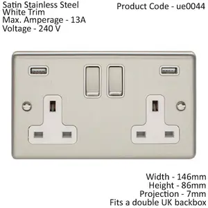 2 Gang Single UK Plug Socket & Dual 2.1A USB SATIN STEEL & White 13A Switched