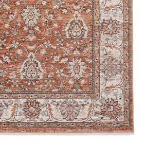 Brown Terracotta Traditional Bordered Floral 10mm Thick Stain-Resistant Rug For Bedroom, & Dining Room-80cm X 300cm