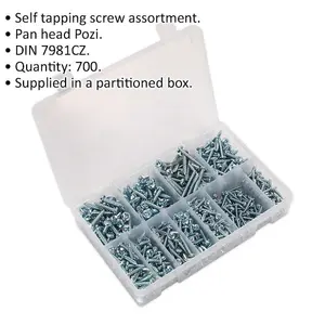 Comprehensive 700 Pack Self Tapping Screw Assortment with Zinc Pan Head Pozi