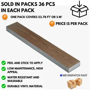 Self Adhesive Floor Planks - 36 Planks Per Pack Covering 53.8 ft² (5 m²) - Peel And Stick Vinyl Flooring in Brown Wood Effect